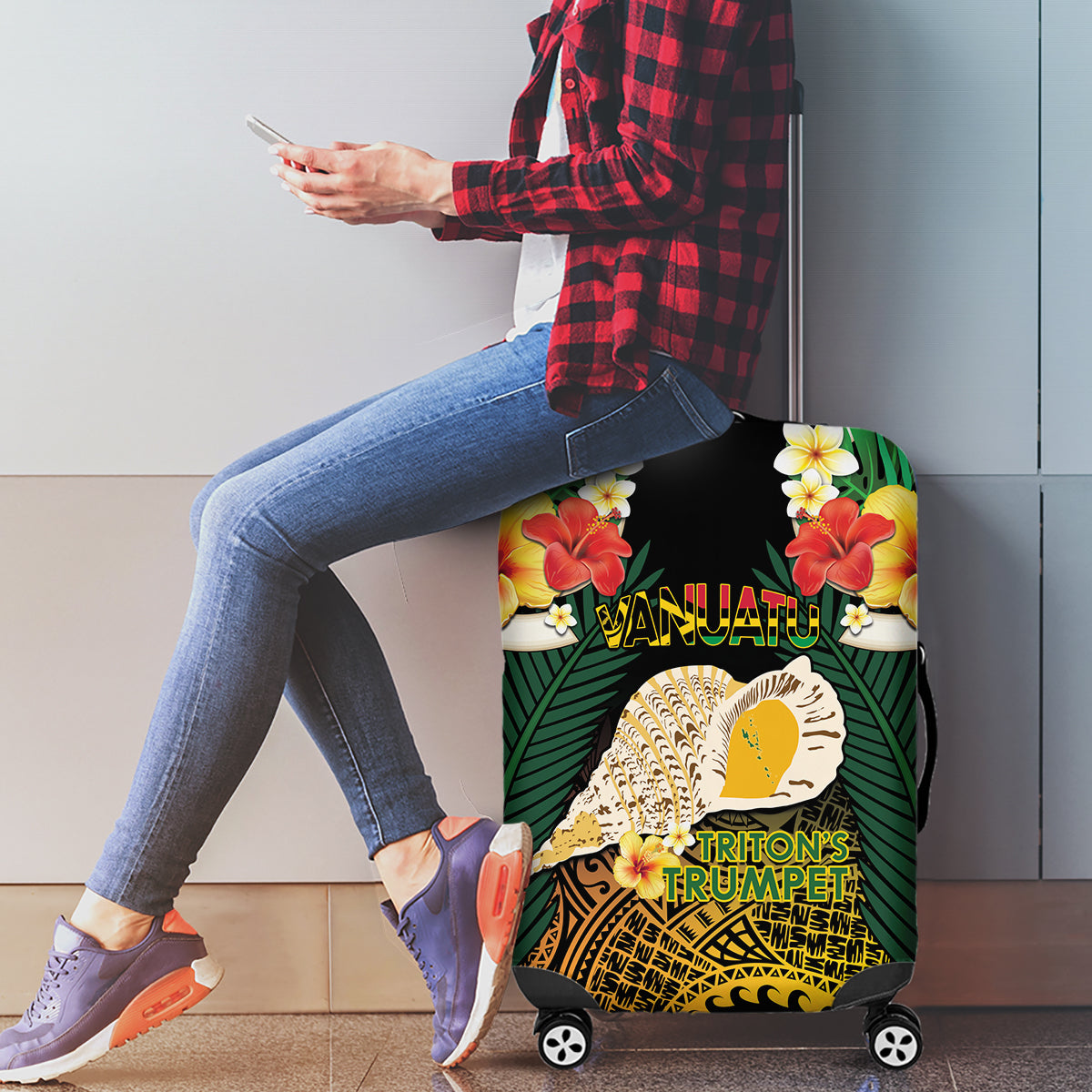 Vanuatu Triton's Trumpet Luggage Cover Tropical Flowers Vanuatuan Map
