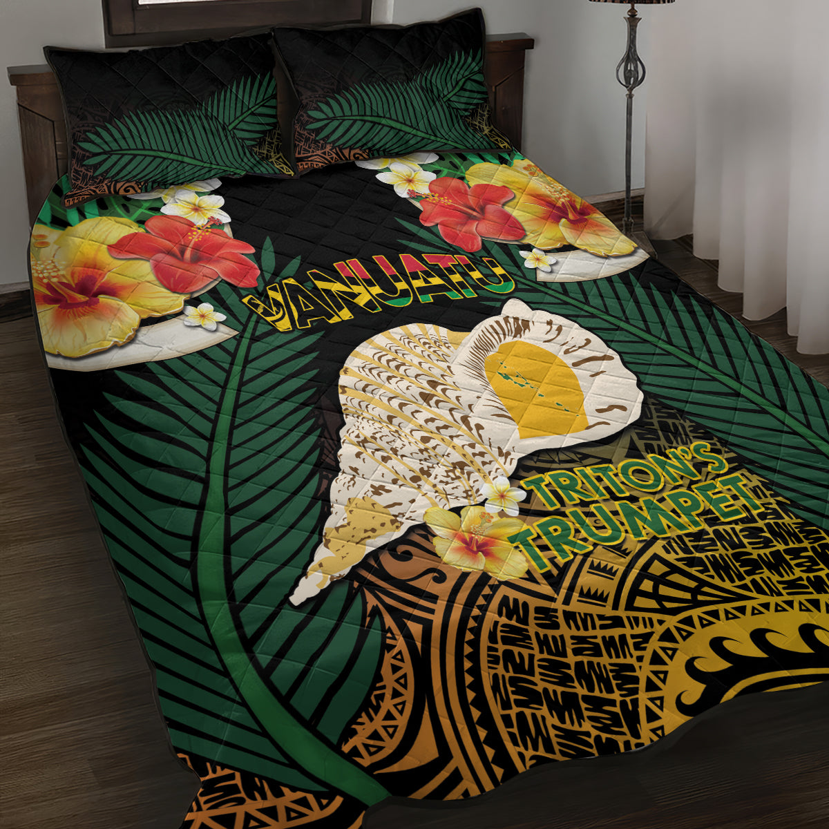 Vanuatu Triton's Trumpet Quilt Bed Set Tropical Flowers Vanuatuan Map LT14 Black - Polynesian Pride