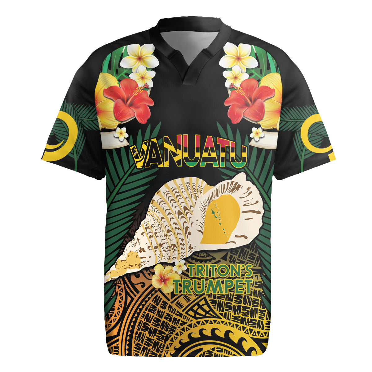 Vanuatu Triton's Trumpet Rugby Jersey Tropical Flowers Vanuatuan Map LT14 Black - Polynesian Pride