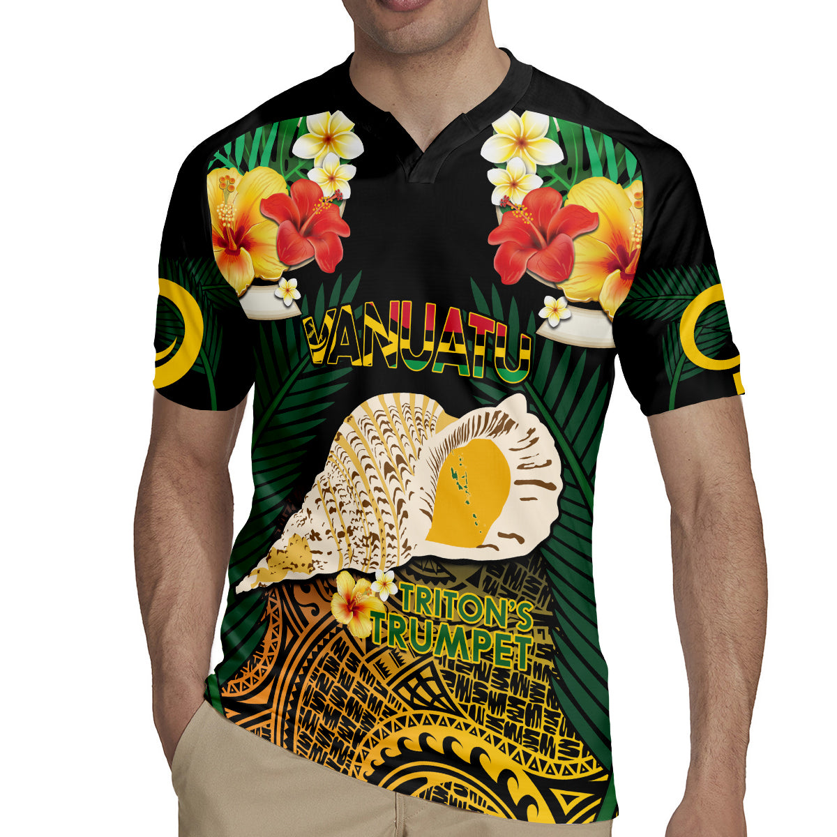 Vanuatu Triton's Trumpet Rugby Jersey Tropical Flowers Vanuatuan Map LT14 - Polynesian Pride