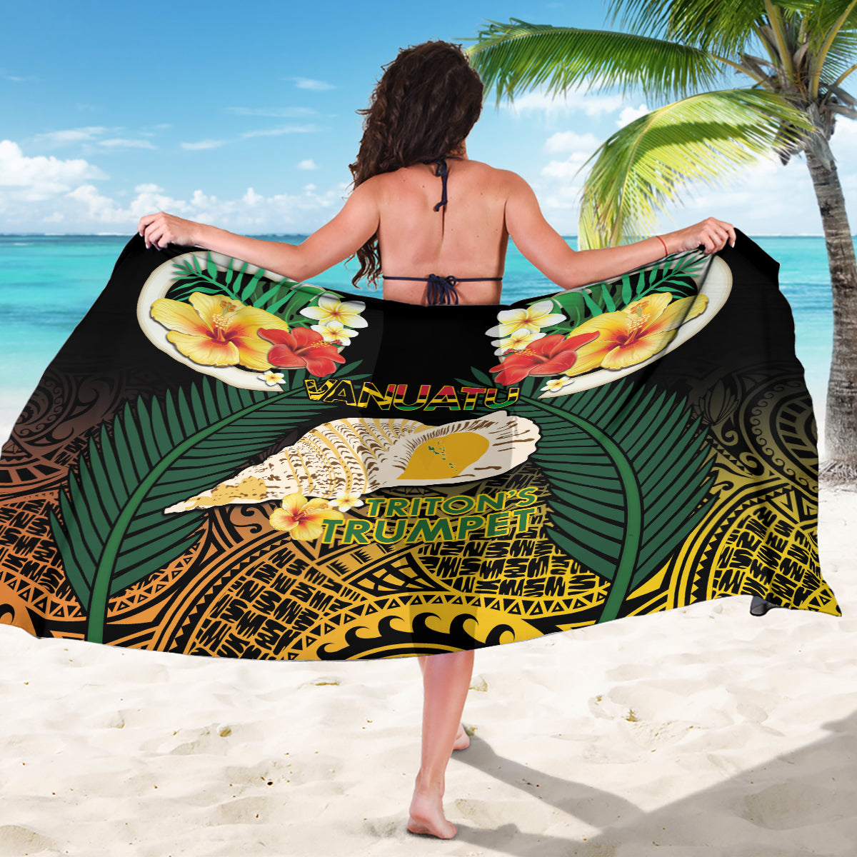 Vanuatu Triton's Trumpet Sarong Tropical Flowers Vanuatuan Map