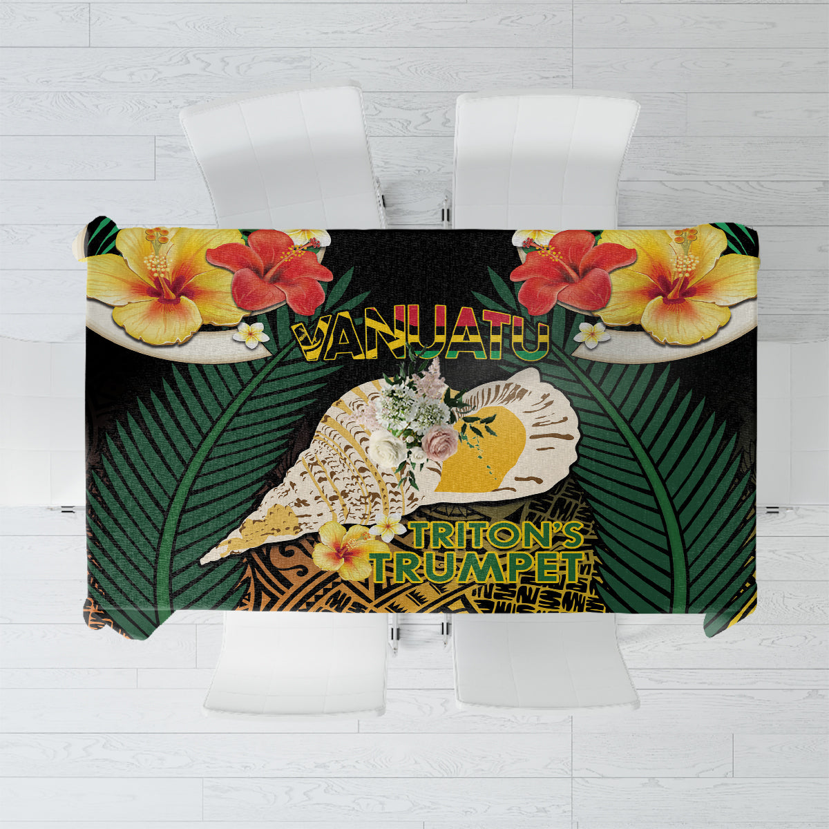 Vanuatu Triton's Trumpet Tablecloth Tropical Flowers Vanuatuan Map LT14 Black - Polynesian Pride