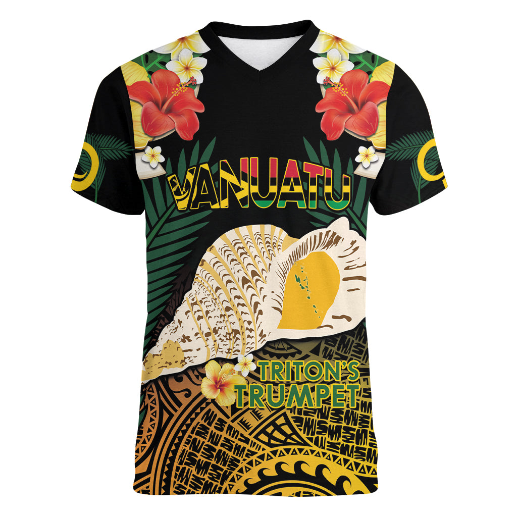 Vanuatu Triton's Trumpet Women V-Neck T-Shirt Tropical Flowers Vanuatuan Map