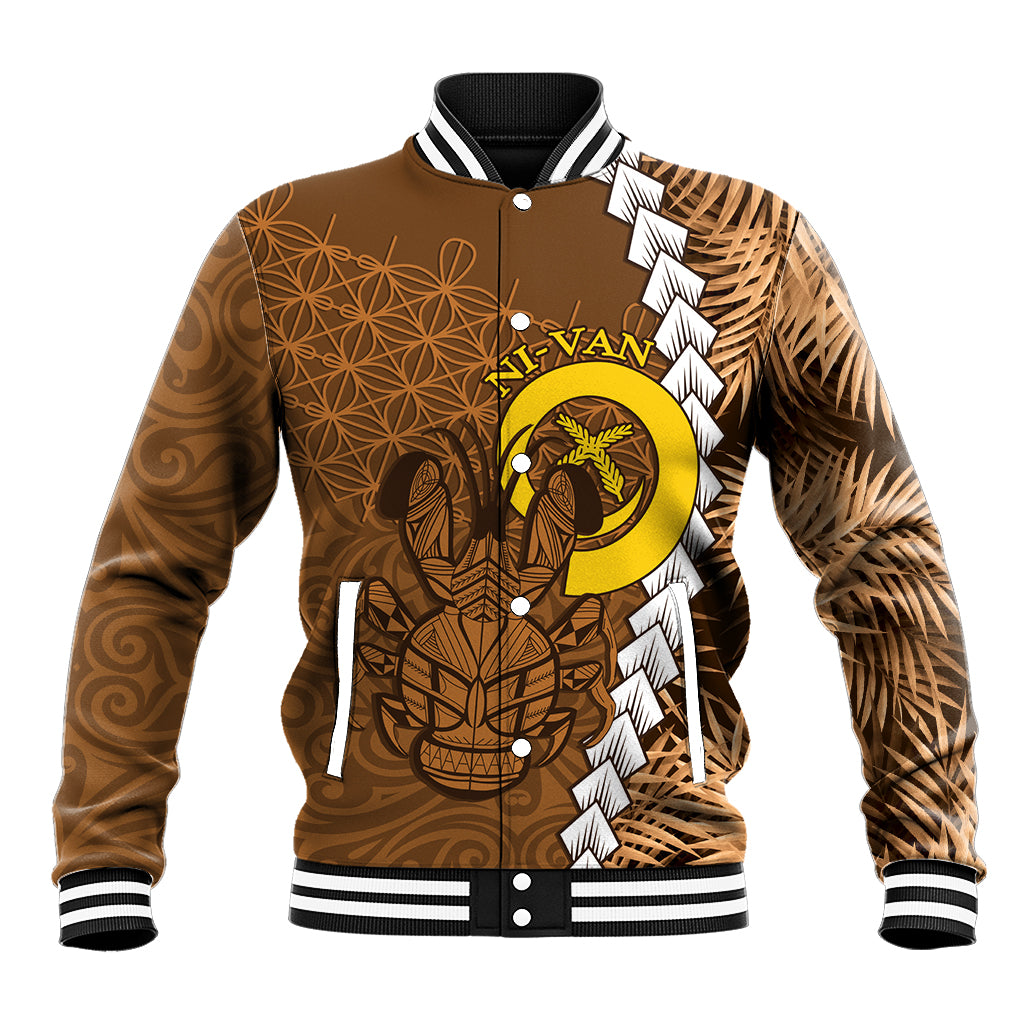 Vanuatu Coconut Crab Baseball Jacket Ni-Van Tropical Leaves With Sand Drawing Art LT14 Unisex Brown - Polynesian Pride