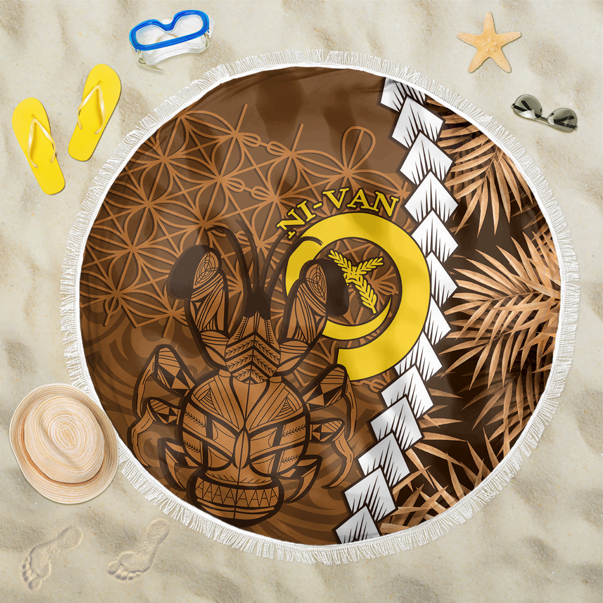 Vanuatu Coconut Crab Beach Blanket Ni-Van Tropical Leaves With Sand Drawing Art LT14 One Size 150cm Brown - Polynesian Pride