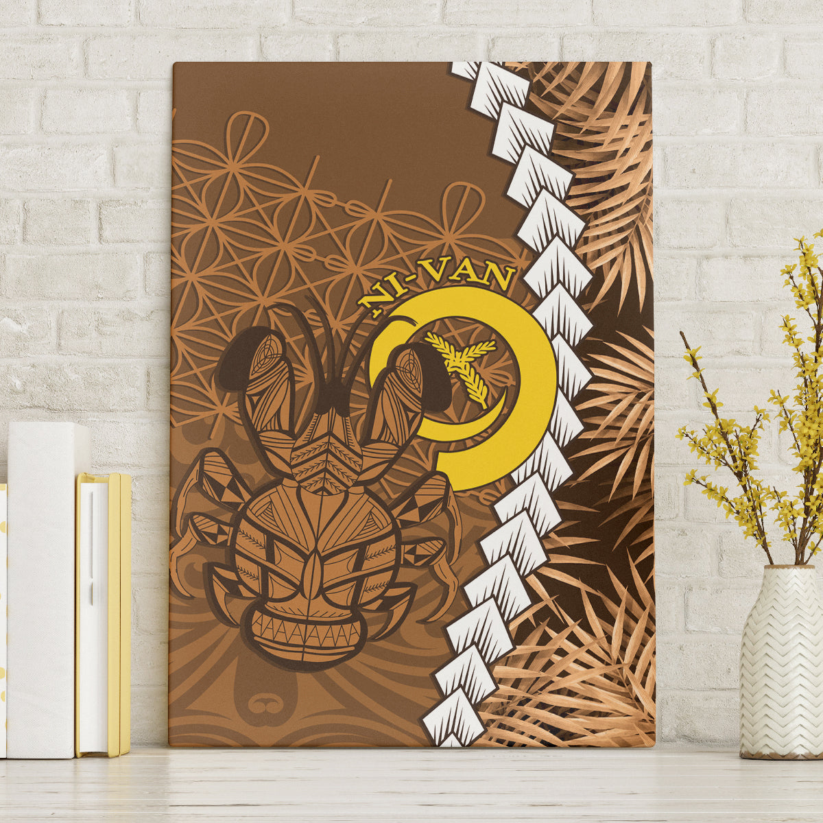 Vanuatu Coconut Crab Canvas Wall Art Ni-Van Tropical Leaves With Sand Drawing Art LT14 Without Frame Brown - Polynesian Pride