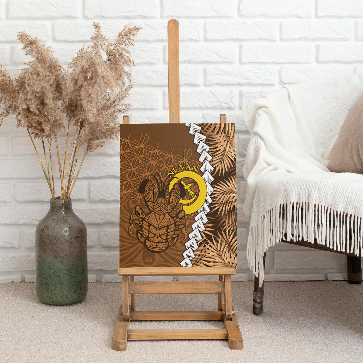 Vanuatu Coconut Crab Canvas Wall Art Ni-Van Tropical Leaves With Sand Drawing Art LT14 - Polynesian Pride