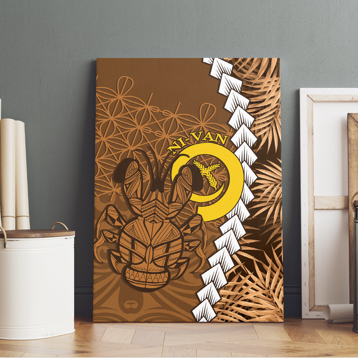 Vanuatu Coconut Crab Canvas Wall Art Ni-Van Tropical Leaves With Sand Drawing Art LT14 - Polynesian Pride