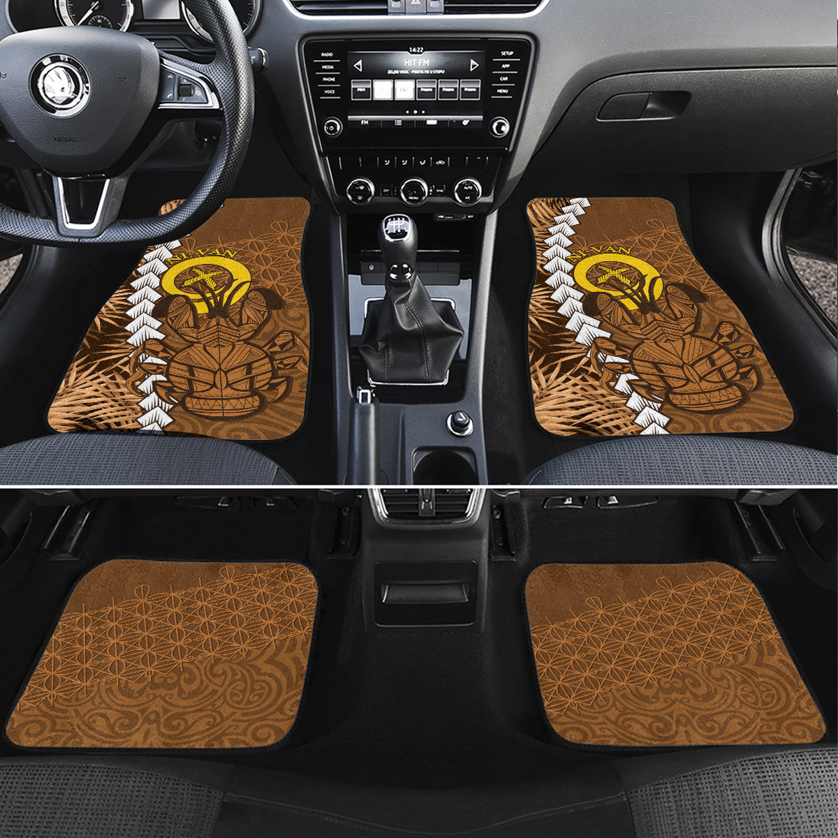 Vanuatu Coconut Crab Car Mats Ni-Van Tropical Leaves With Sand Drawing Art LT14 Set 4pcs Brown - Polynesian Pride