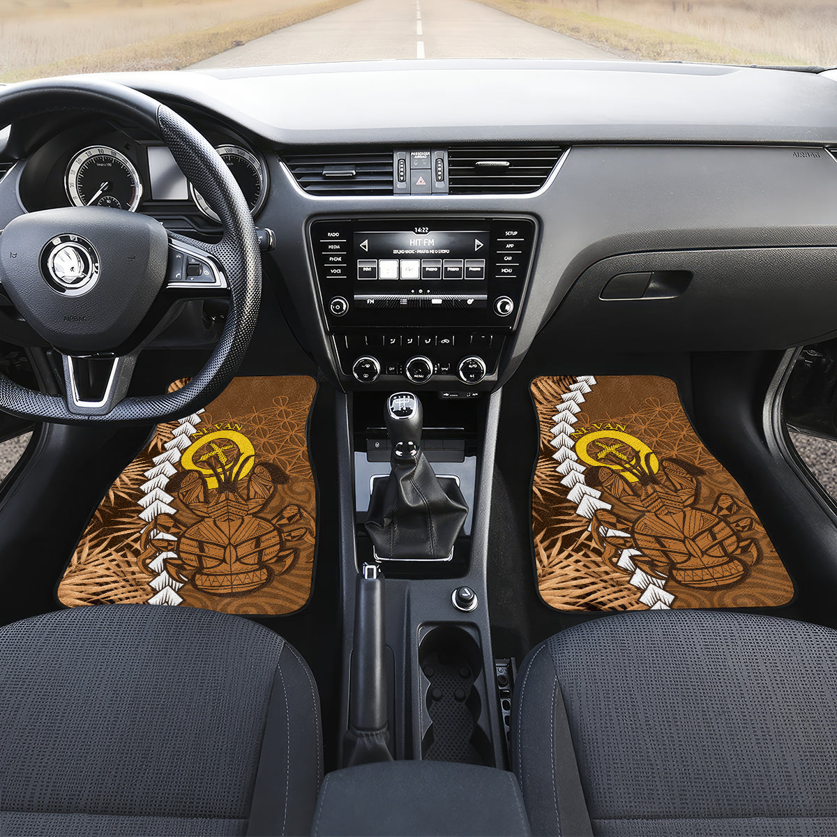Vanuatu Coconut Crab Car Mats Ni-Van Tropical Leaves With Sand Drawing Art LT14 Set 2pcs - Front Brown - Polynesian Pride