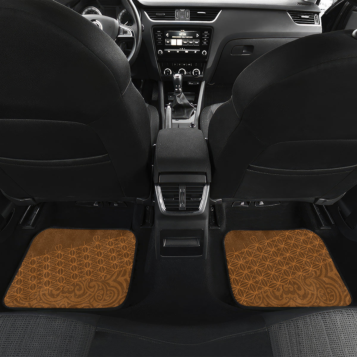 Vanuatu Coconut Crab Car Mats Ni-Van Tropical Leaves With Sand Drawing Art LT14 Set 2pcs - Back Brown - Polynesian Pride