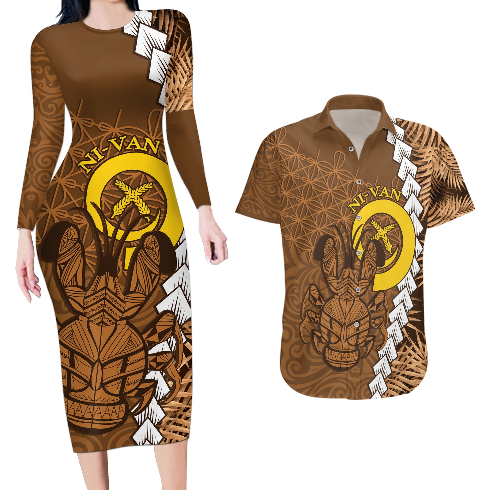 Vanuatu Coconut Crab Couples Matching Long Sleeve Bodycon Dress and Hawaiian Shirt Ni-Van Tropical Leaves With Sand Drawing Art LT14 Brown - Polynesian Pride
