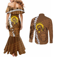 Vanuatu Coconut Crab Couples Matching Mermaid Dress and Long Sleeve Button Shirt Ni-Van Tropical Leaves With Sand Drawing Art