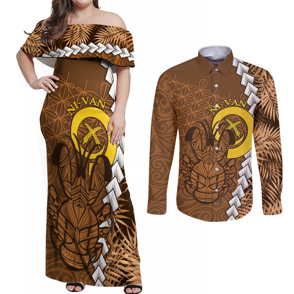 Vanuatu Coconut Crab Couples Matching Off Shoulder Maxi Dress and Long Sleeve Button Shirt Ni-Van Tropical Leaves With Sand Drawing Art LT14 Brown - Polynesian Pride