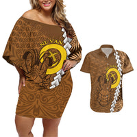 Vanuatu Coconut Crab Couples Matching Off Shoulder Short Dress and Hawaiian Shirt Ni-Van Tropical Leaves With Sand Drawing Art