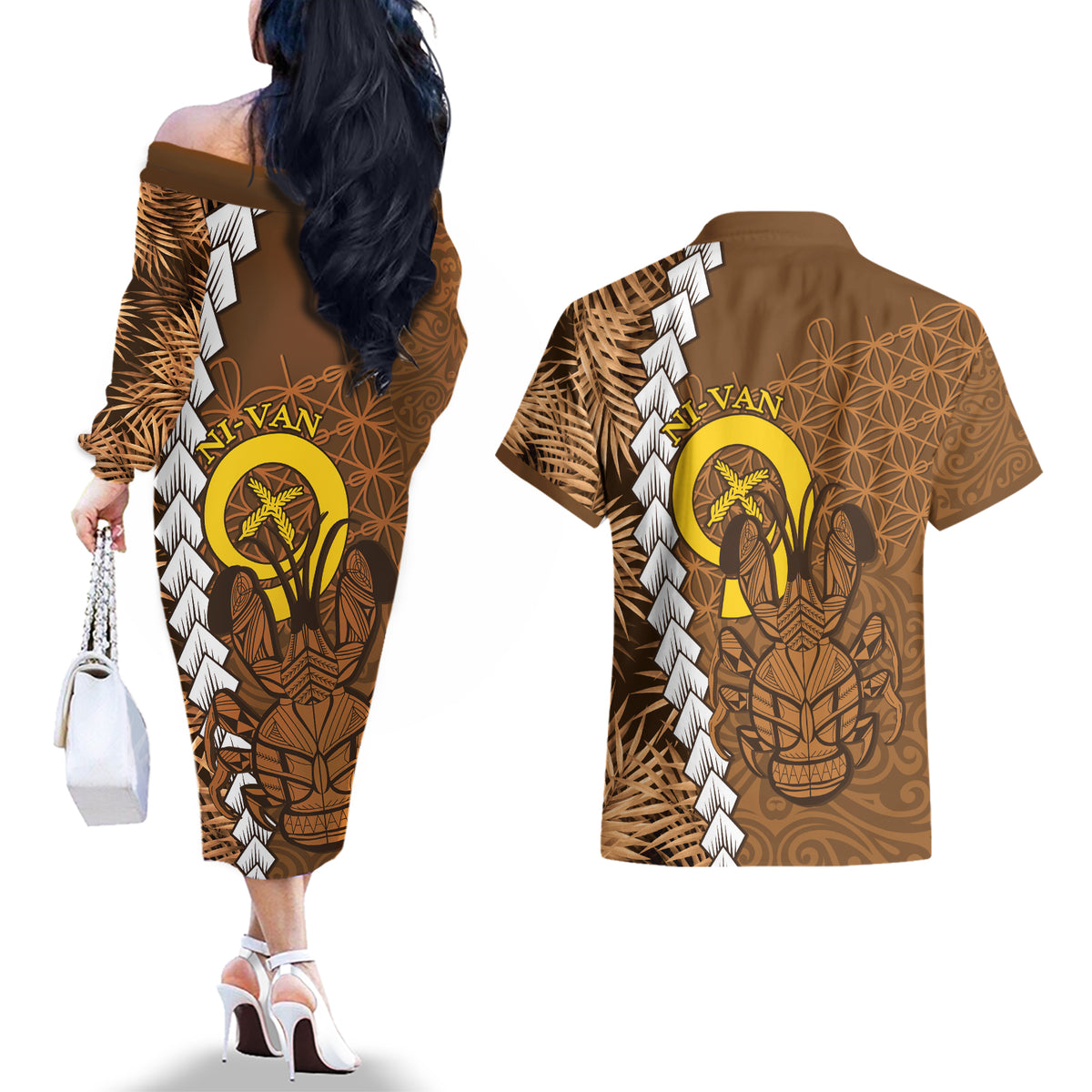 Vanuatu Coconut Crab Couples Matching Off The Shoulder Long Sleeve Dress and Hawaiian Shirt Ni-Van Tropical Leaves With Sand Drawing Art