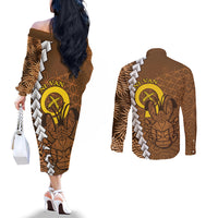 Vanuatu Coconut Crab Couples Matching Off The Shoulder Long Sleeve Dress and Long Sleeve Button Shirt Ni-Van Tropical Leaves With Sand Drawing Art LT14 - Polynesian Pride
