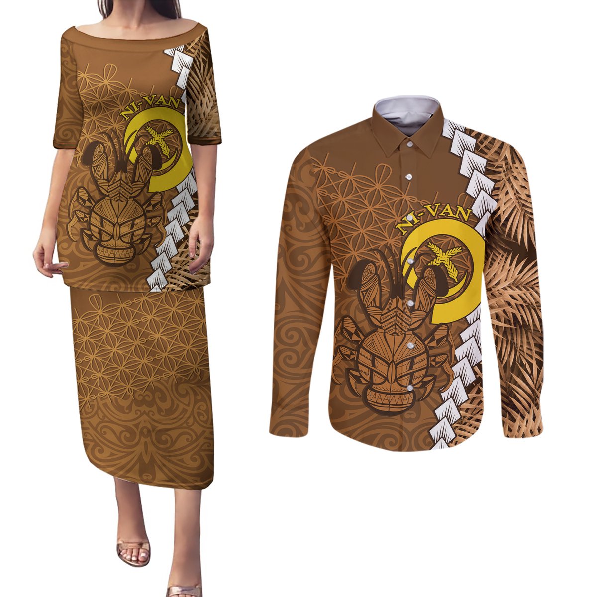 Vanuatu Coconut Crab Couples Matching Puletasi and Long Sleeve Button Shirt Ni-Van Tropical Leaves With Sand Drawing Art LT14 Brown - Polynesian Pride