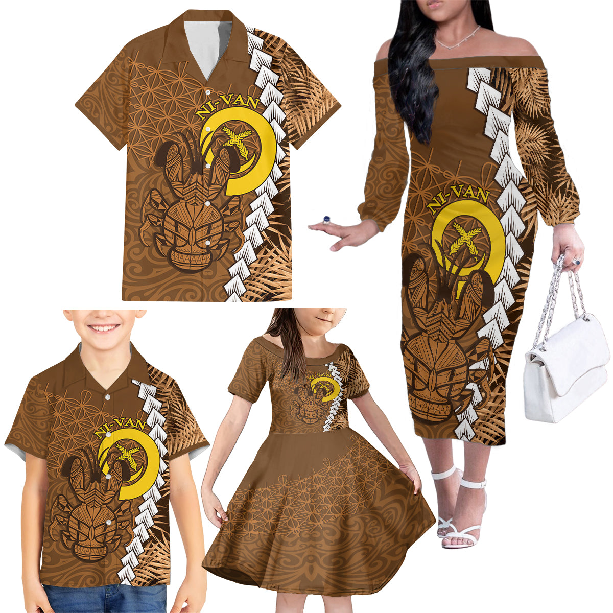 Vanuatu Coconut Crab Family Matching Off The Shoulder Long Sleeve Dress and Hawaiian Shirt Ni-Van Tropical Leaves With Sand Drawing Art