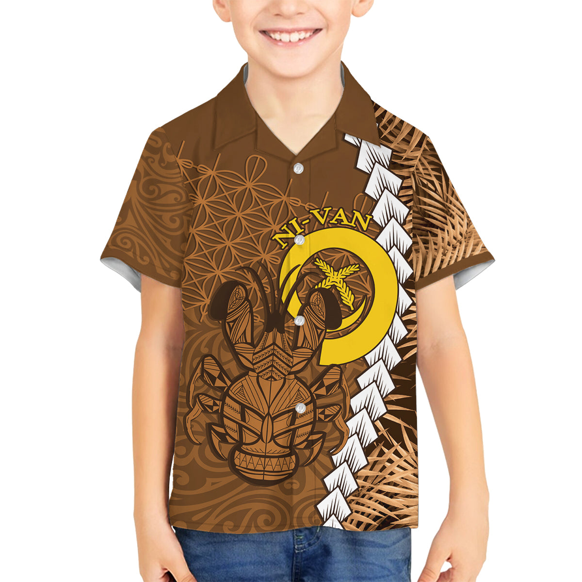 Vanuatu Coconut Crab Family Matching Off The Shoulder Long Sleeve Dress and Hawaiian Shirt Ni-Van Tropical Leaves With Sand Drawing Art
