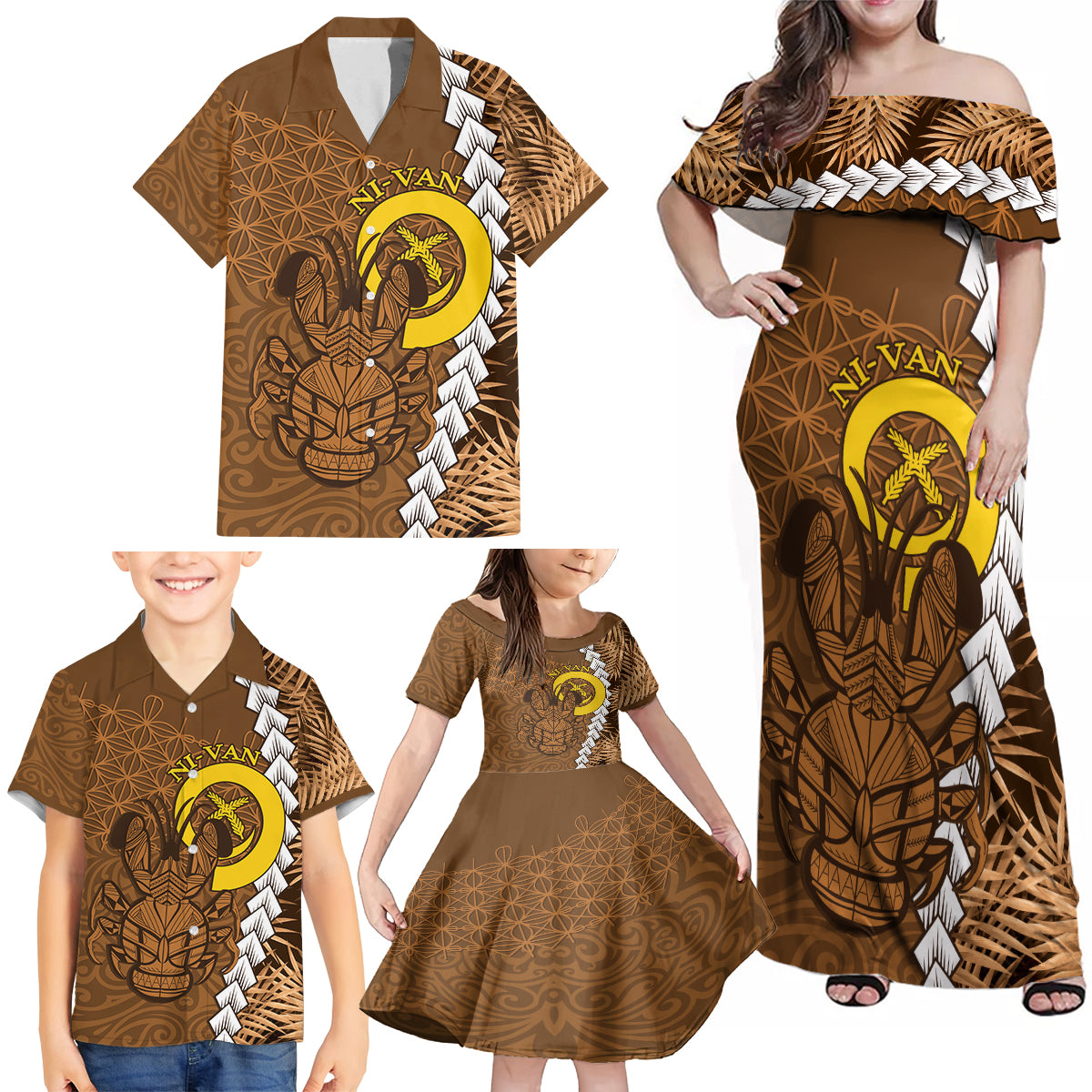 Vanuatu Coconut Crab Family Matching Off Shoulder Maxi Dress and Hawaiian Shirt Ni-Van Tropical Leaves With Sand Drawing Art LT14 - Polynesian Pride