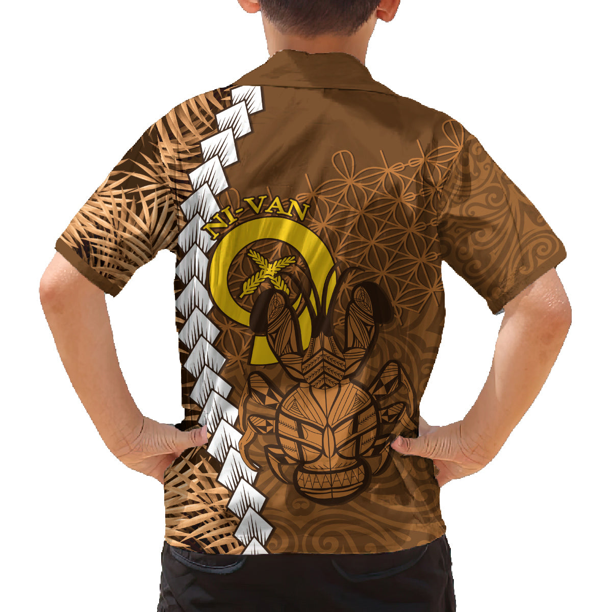 Vanuatu Coconut Crab Family Matching Off Shoulder Short Dress and Hawaiian Shirt Ni-Van Tropical Leaves With Sand Drawing Art LT14 - Polynesian Pride
