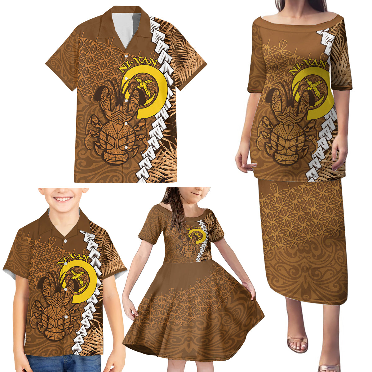 Vanuatu Coconut Crab Family Matching Puletasi and Hawaiian Shirt Ni-Van Tropical Leaves With Sand Drawing Art