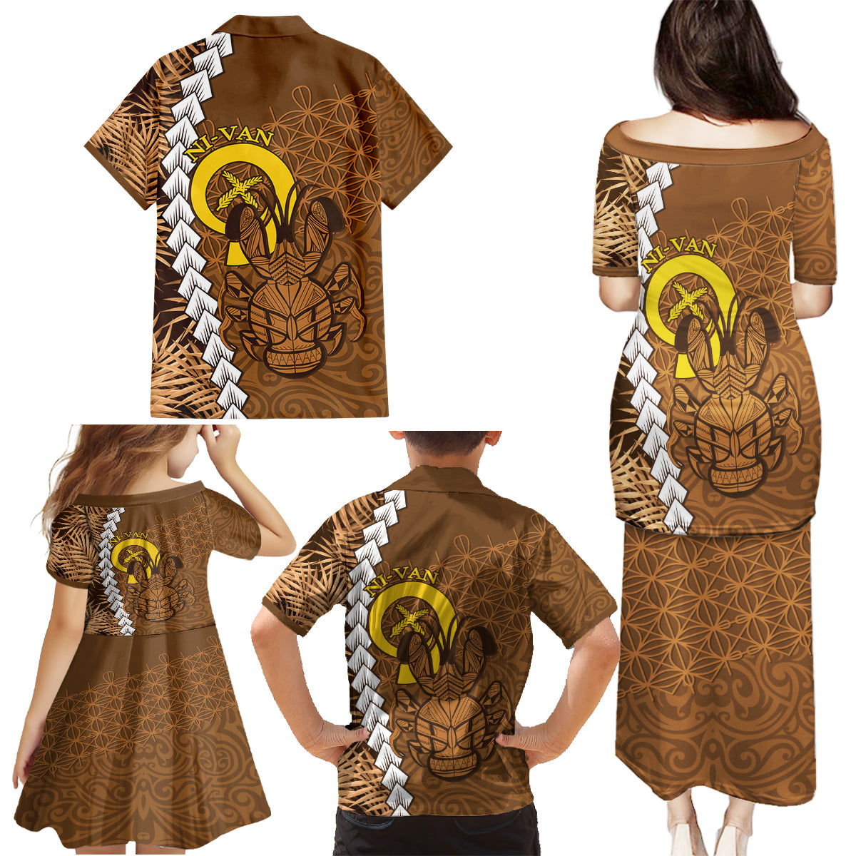 Vanuatu Coconut Crab Family Matching Puletasi and Hawaiian Shirt Ni-Van Tropical Leaves With Sand Drawing Art