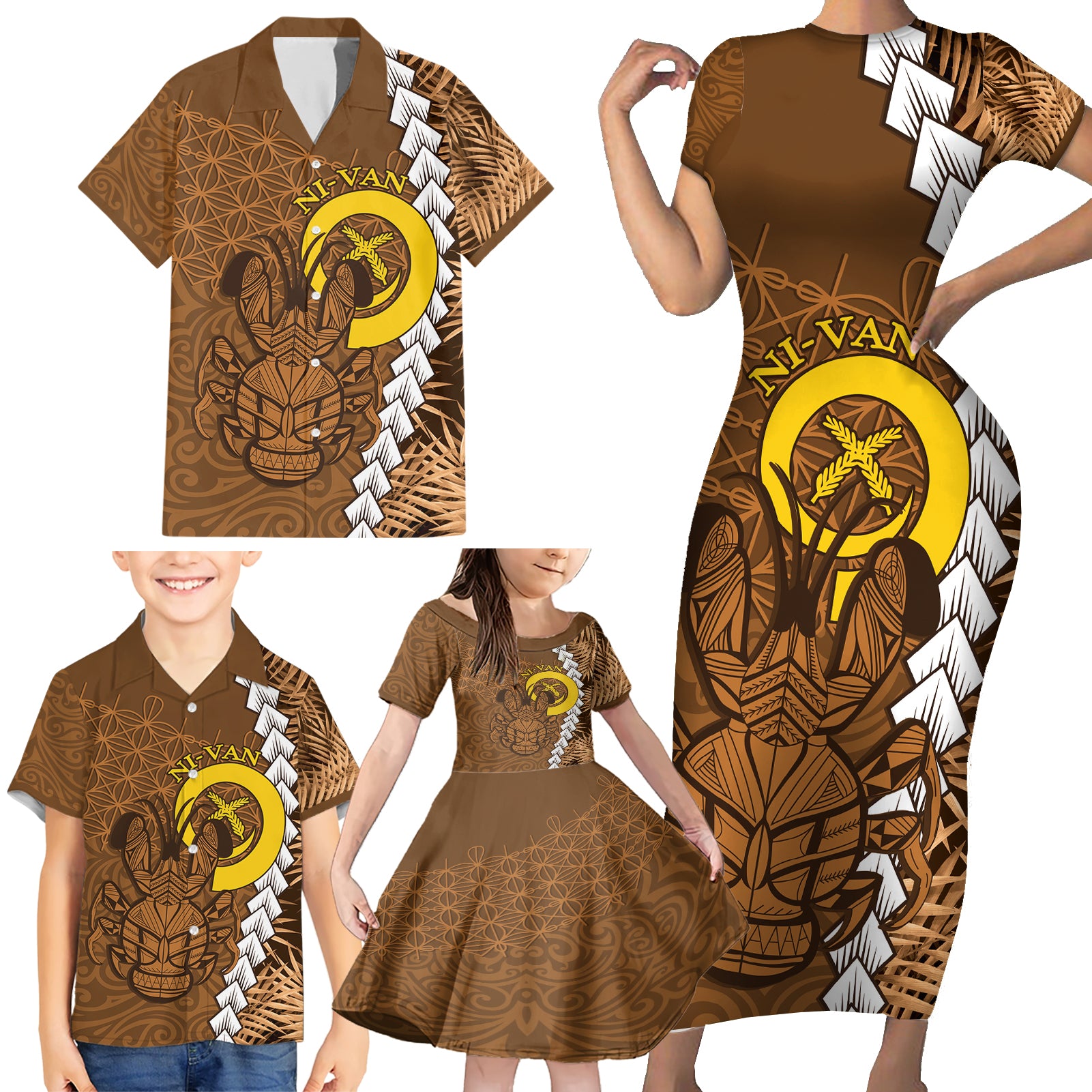 Vanuatu Coconut Crab Family Matching Short Sleeve Bodycon Dress and Hawaiian Shirt Ni-Van Tropical Leaves With Sand Drawing Art