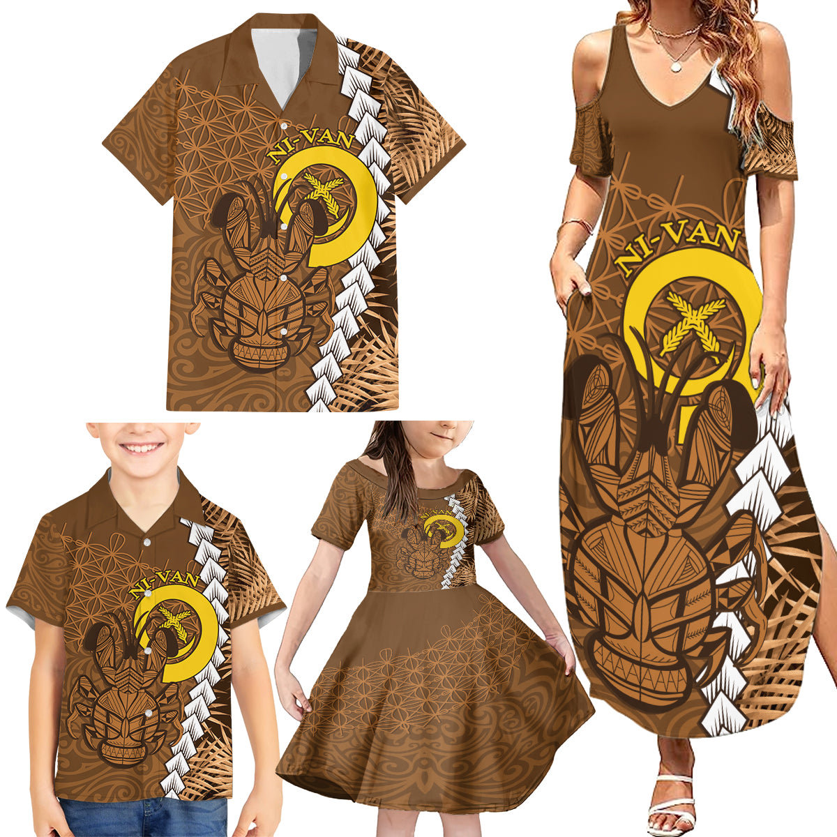 Vanuatu Coconut Crab Family Matching Summer Maxi Dress and Hawaiian Shirt Ni-Van Tropical Leaves With Sand Drawing Art