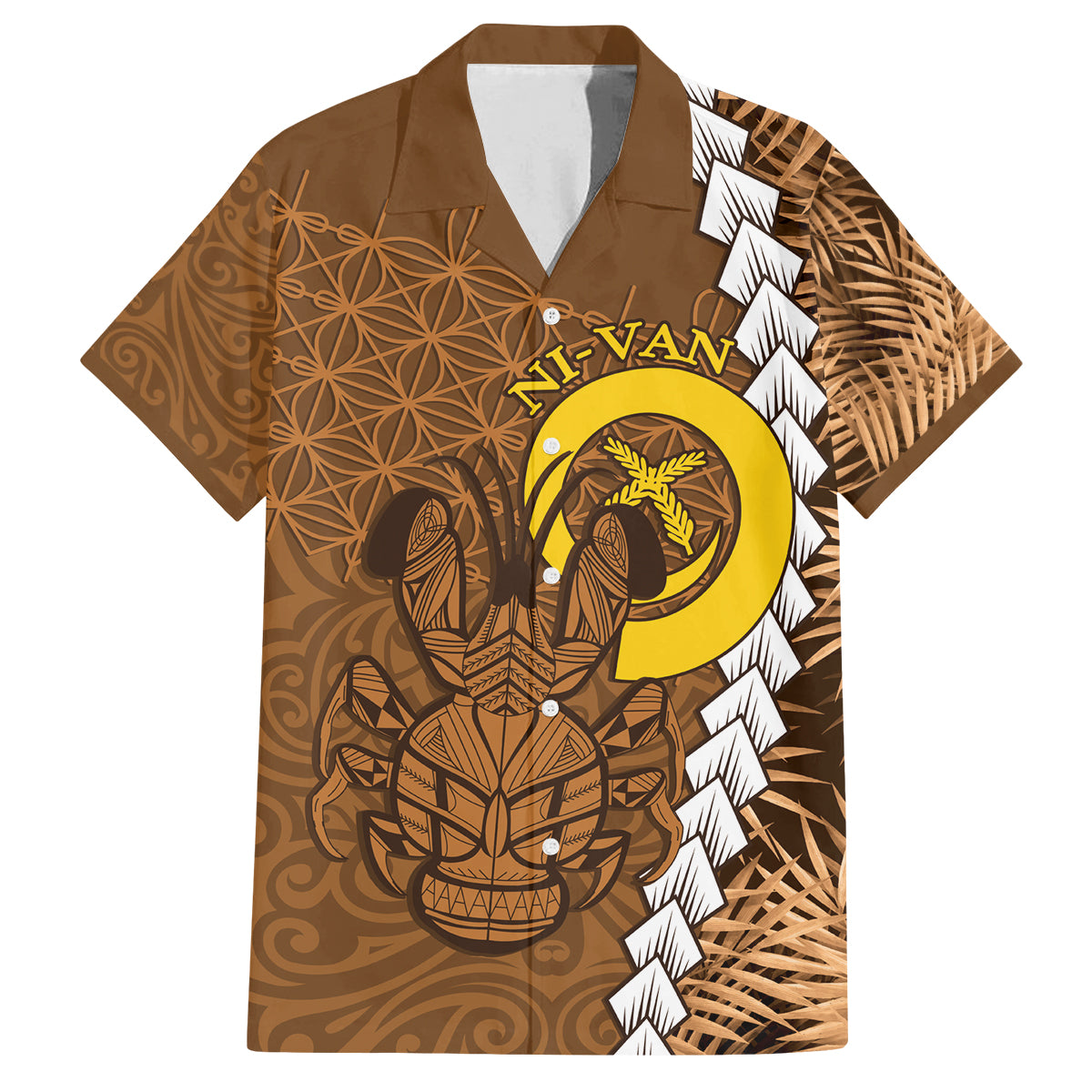 Vanuatu Coconut Crab Family Matching Tank Maxi Dress and Hawaiian Shirt Ni-Van Tropical Leaves With Sand Drawing Art LT14 Dad's Shirt - Short Sleeve Brown - Polynesian Pride