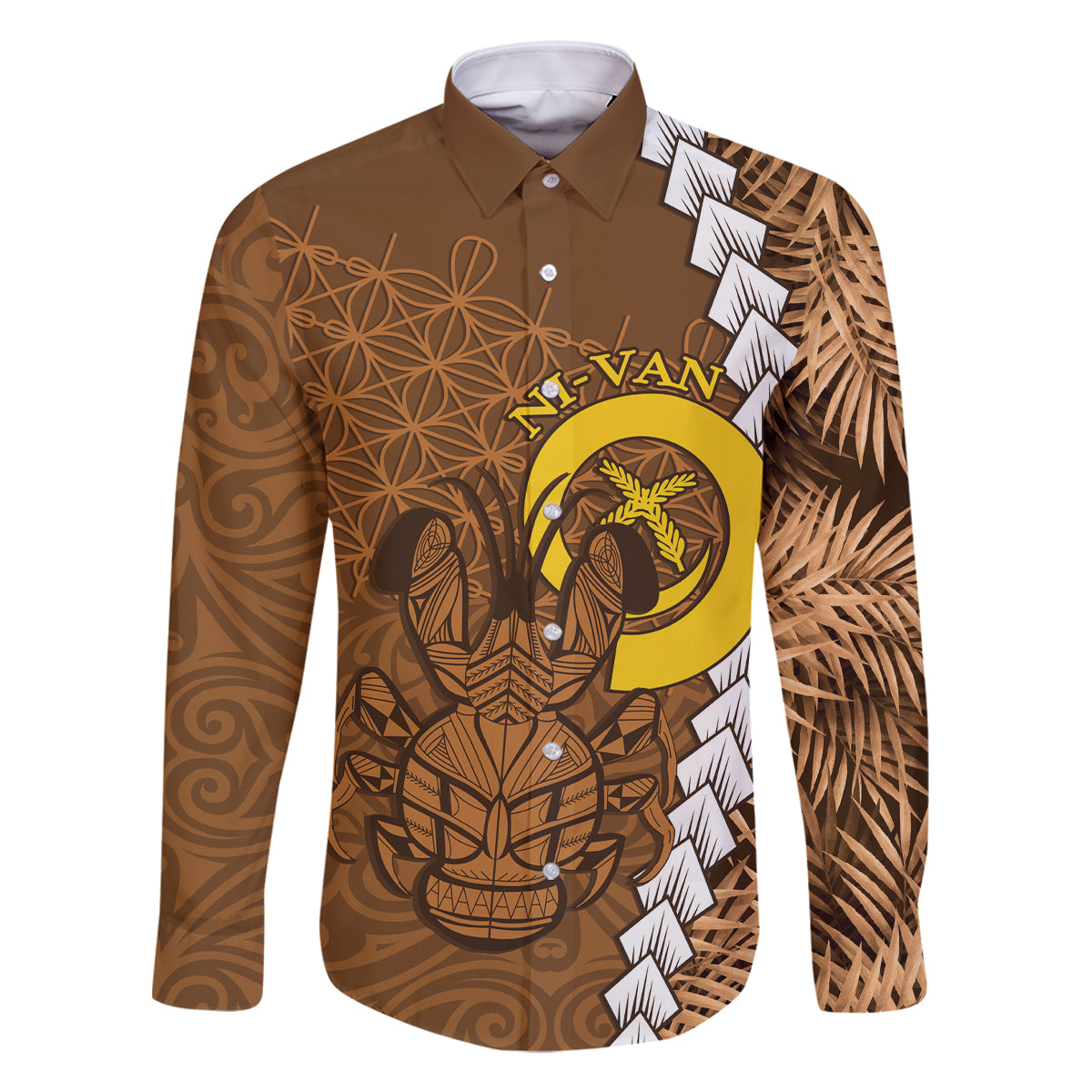 Vanuatu Coconut Crab Family Matching Tank Maxi Dress and Hawaiian Shirt Ni-Van Tropical Leaves With Sand Drawing Art LT14 Dad's Shirt - Long Sleeve Brown - Polynesian Pride