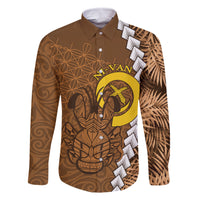 Vanuatu Coconut Crab Family Matching Tank Maxi Dress and Hawaiian Shirt Ni-Van Tropical Leaves With Sand Drawing Art LT14 Dad's Shirt - Long Sleeve Brown - Polynesian Pride