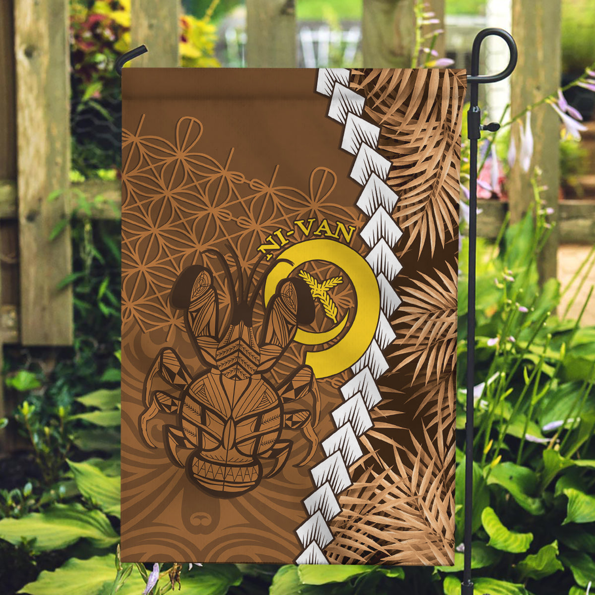 Vanuatu Coconut Crab Garden Flag Ni-Van Tropical Leaves With Sand Drawing Art LT14 Garden Flag Brown - Polynesian Pride