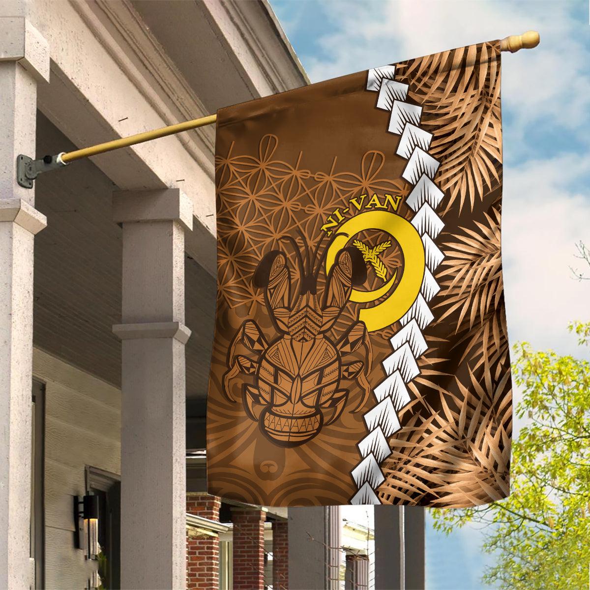 Vanuatu Coconut Crab Garden Flag Ni-Van Tropical Leaves With Sand Drawing Art LT14 House Flag Brown - Polynesian Pride