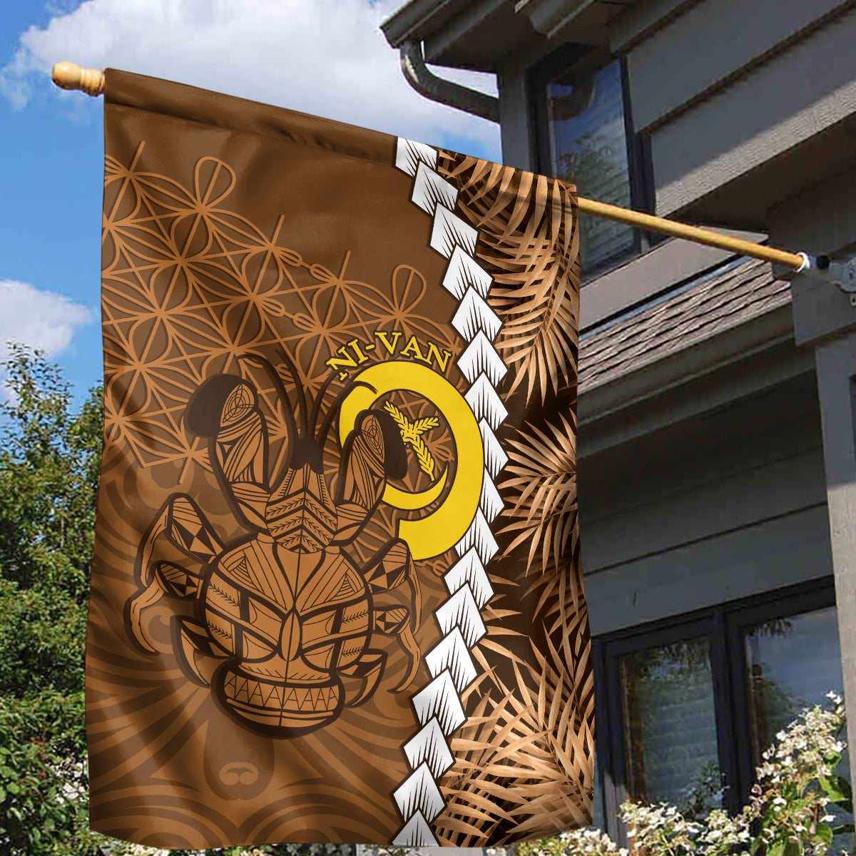 Vanuatu Coconut Crab Garden Flag Ni-Van Tropical Leaves With Sand Drawing Art LT14 - Polynesian Pride