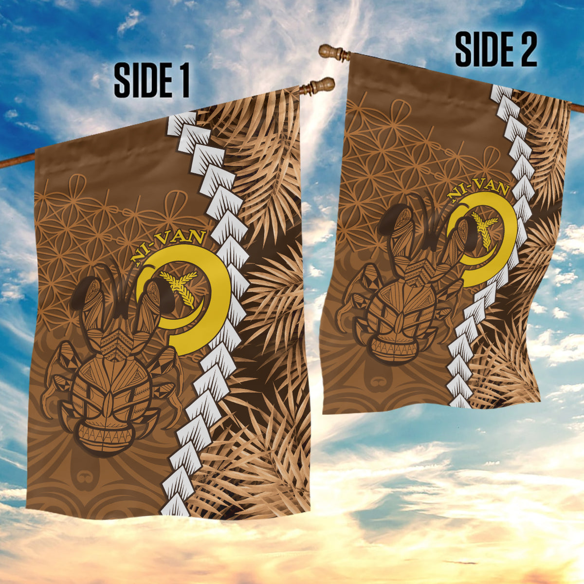 Vanuatu Coconut Crab Garden Flag Ni-Van Tropical Leaves With Sand Drawing Art LT14 - Polynesian Pride