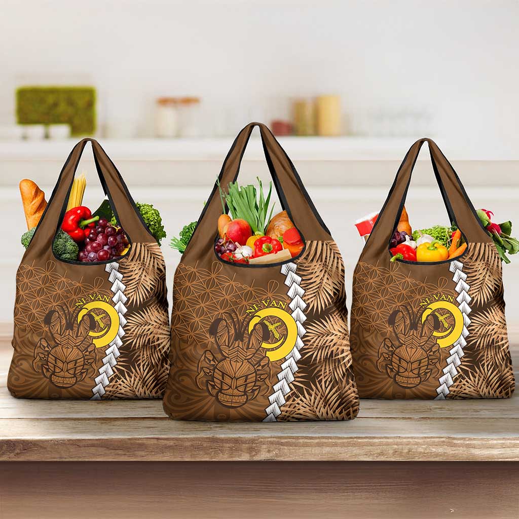 Vanuatu Coconut Crab Grocery Bag Ni-Van Tropical Leaves With Sand Drawing Art LT14 3-pack One Size Brown - Polynesian Pride