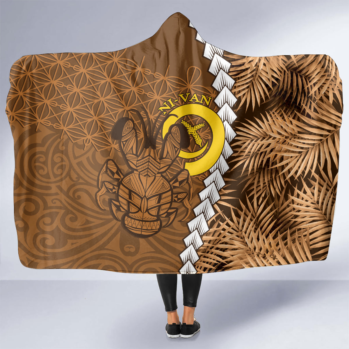 Vanuatu Coconut Crab Hooded Blanket Ni-Van Tropical Leaves With Sand Drawing Art LT14 - Polynesian Pride