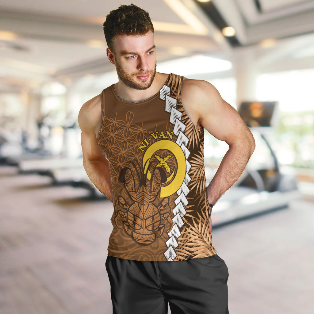 Vanuatu Coconut Crab Men Tank Top Ni-Van Tropical Leaves With Sand Drawing Art LT14 Brown - Polynesian Pride