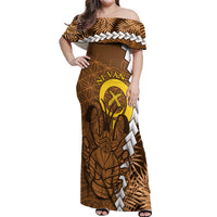 Vanuatu Coconut Crab Off Shoulder Maxi Dress Ni-Van Tropical Leaves With Sand Drawing Art LT14 Women Brown - Polynesian Pride