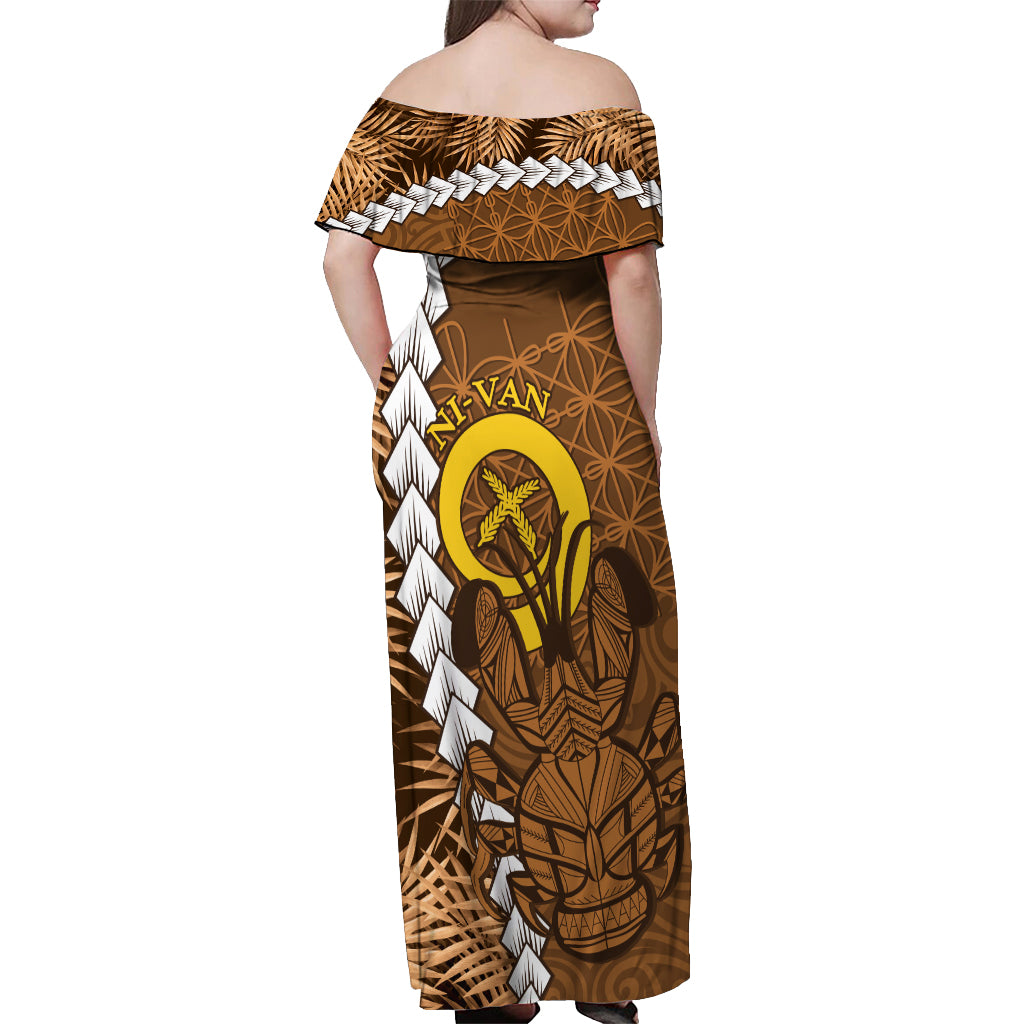 Vanuatu Coconut Crab Off Shoulder Maxi Dress Ni-Van Tropical Leaves With Sand Drawing Art LT14 - Polynesian Pride