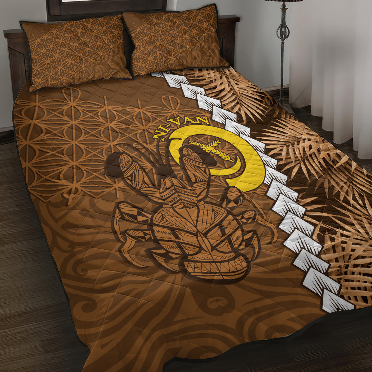 Vanuatu Coconut Crab Quilt Bed Set Ni-Van Tropical Leaves With Sand Drawing Art