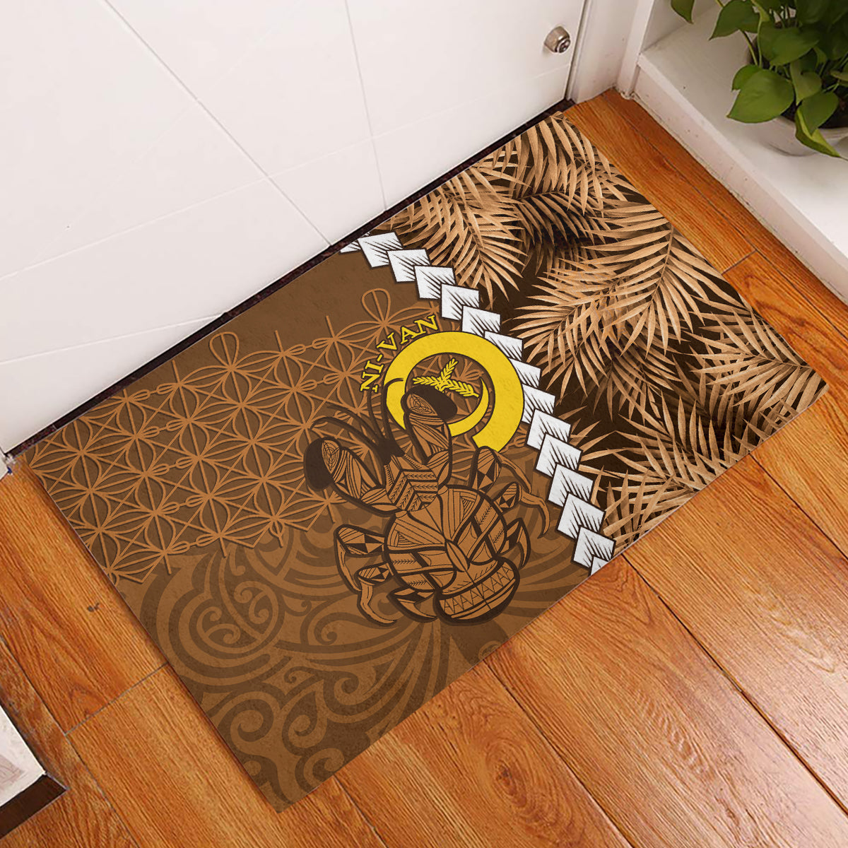 Vanuatu Coconut Crab Rubber Doormat Ni-Van Tropical Leaves With Sand Drawing Art LT14 Brown - Polynesian Pride