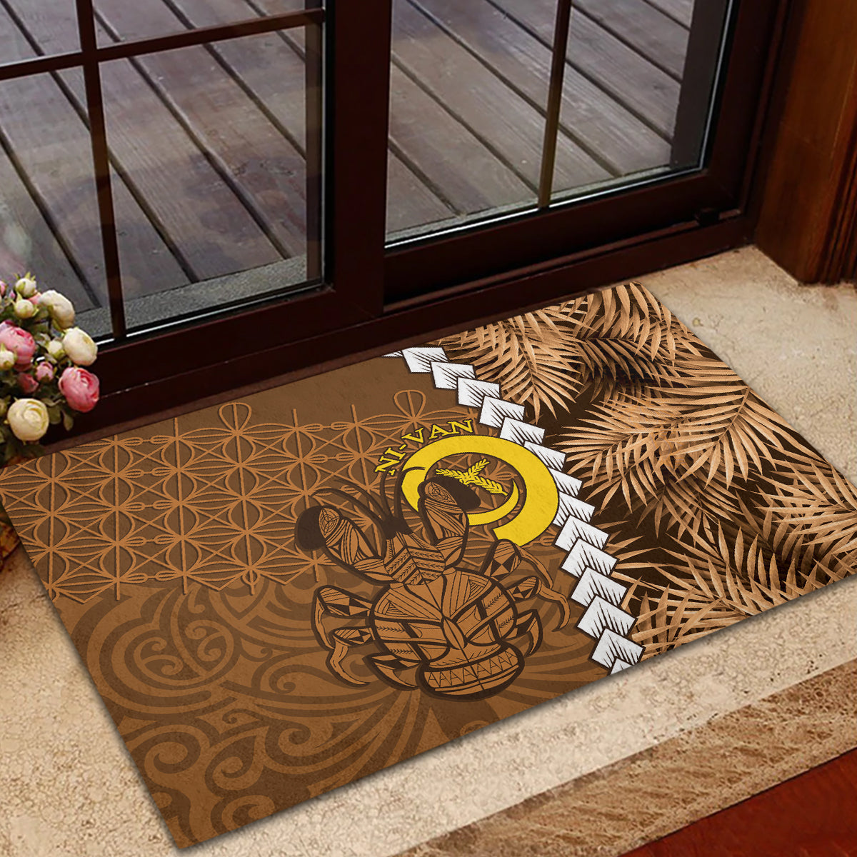 Vanuatu Coconut Crab Rubber Doormat Ni-Van Tropical Leaves With Sand Drawing Art LT14 - Polynesian Pride