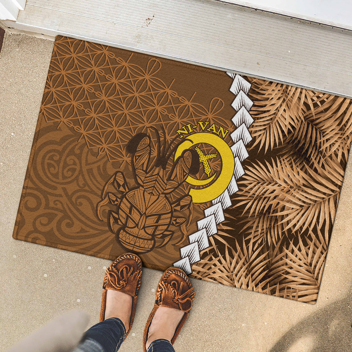 Vanuatu Coconut Crab Rubber Doormat Ni-Van Tropical Leaves With Sand Drawing Art LT14 - Polynesian Pride
