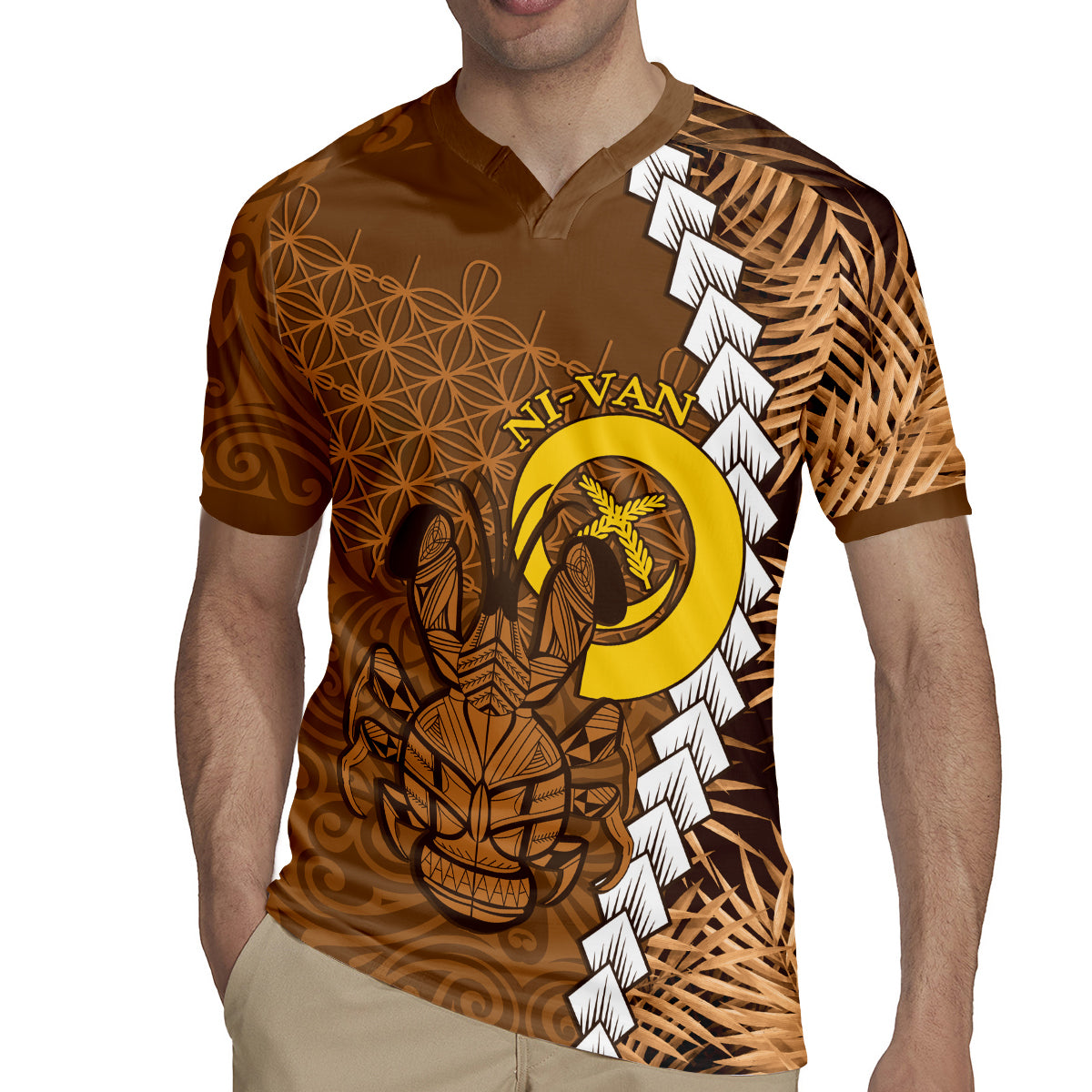 Vanuatu Coconut Crab Rugby Jersey Ni-Van Tropical Leaves With Sand Drawing Art LT14 - Polynesian Pride