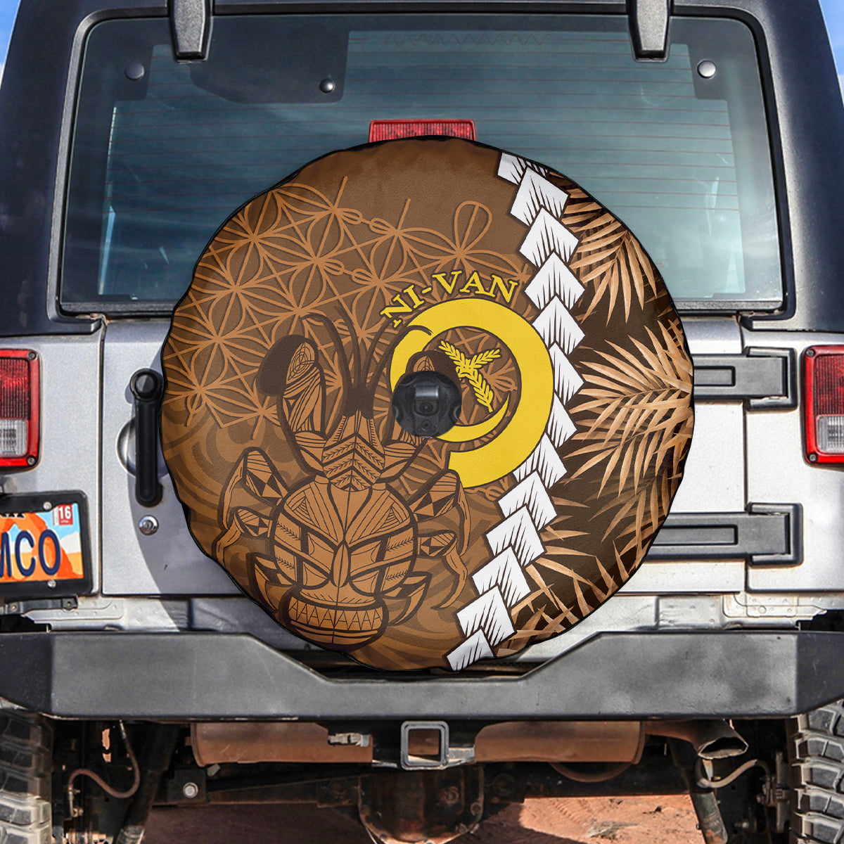 Vanuatu Coconut Crab Spare Tire Cover Ni-Van Tropical Leaves With Sand Drawing Art LT14 Brown - Polynesian Pride