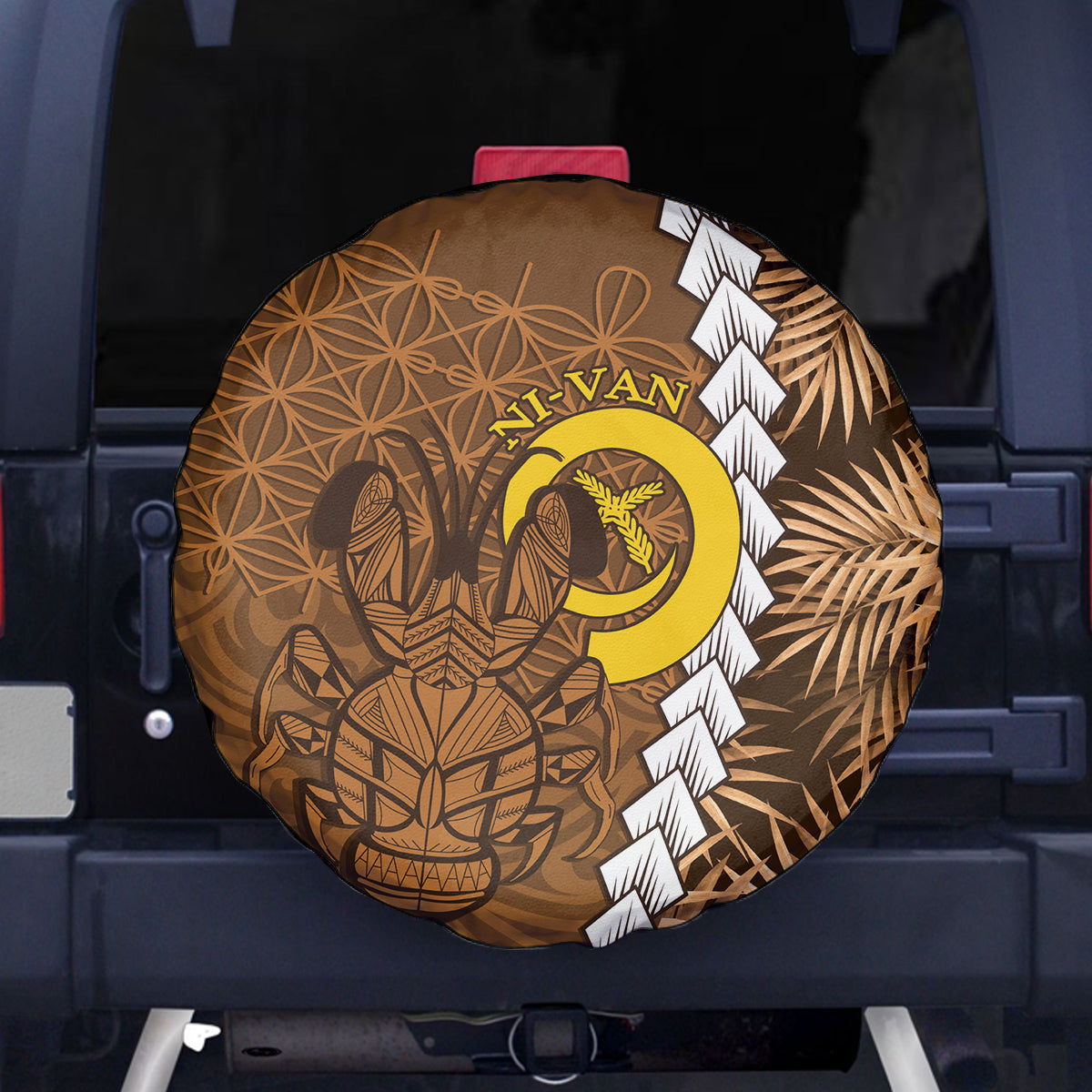 Vanuatu Coconut Crab Spare Tire Cover Ni-Van Tropical Leaves With Sand Drawing Art LT14 - Polynesian Pride