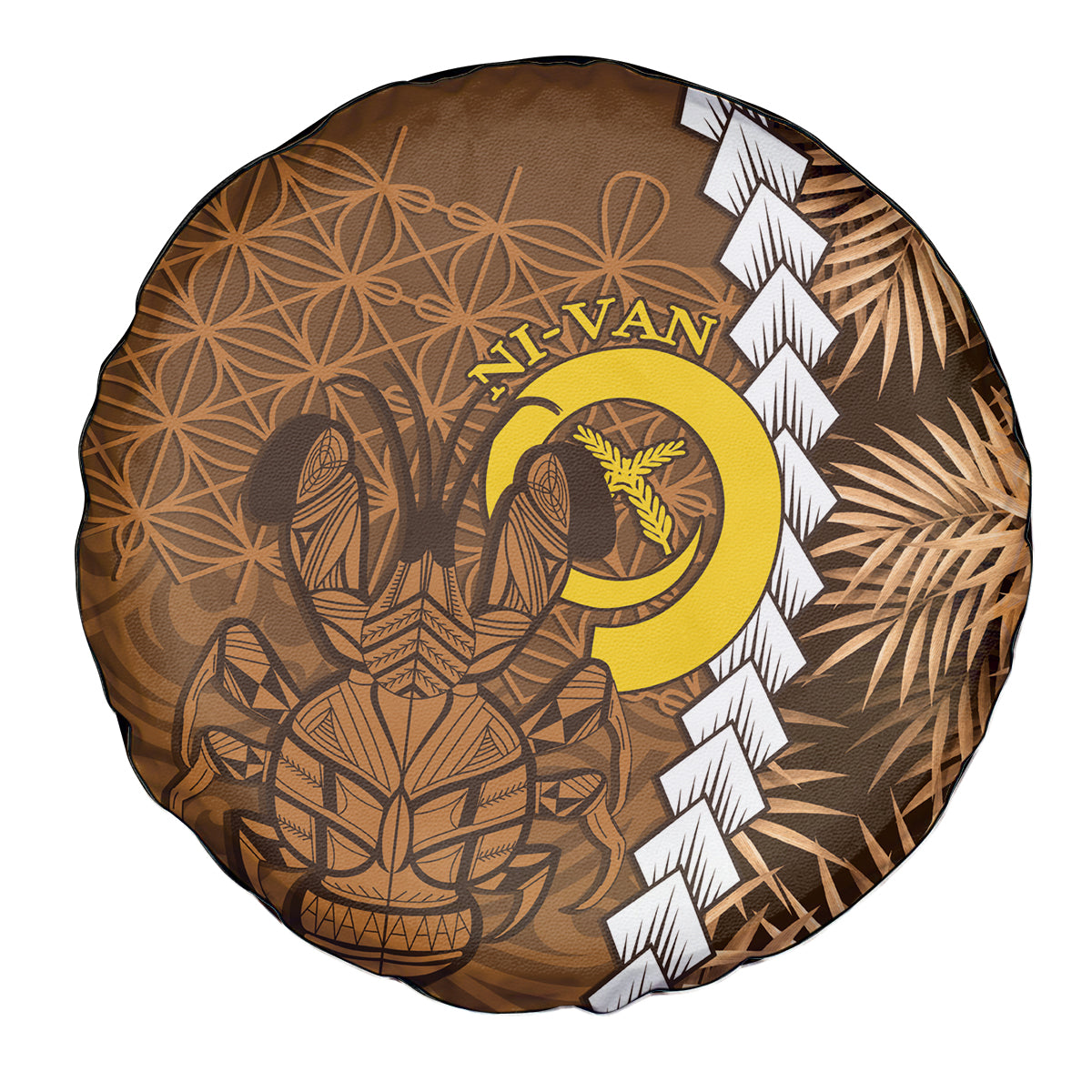 Vanuatu Coconut Crab Spare Tire Cover Ni-Van Tropical Leaves With Sand Drawing Art LT14 - Polynesian Pride